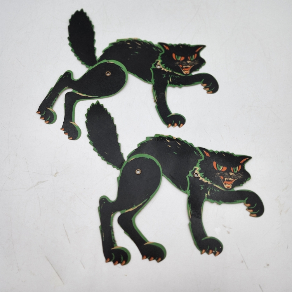 2 Vintage Halloween Black Cat Jointed Decorations Beistle die cut wall decor